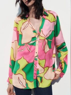 Zara Pink Green Satin Floral Print Button-down Blouse